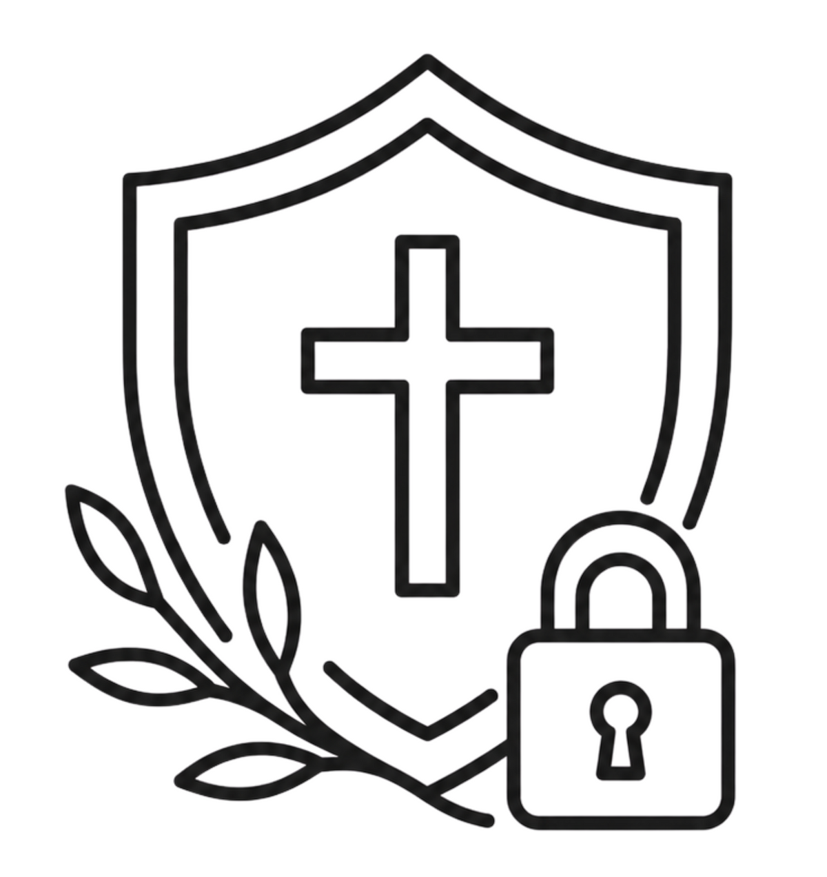 Icon of a shield with a cross, leaves, and a padlock on a white background
