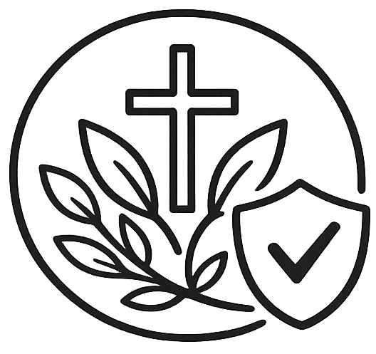 Circular icon with cross, leaves, shield, and check mark on a white background